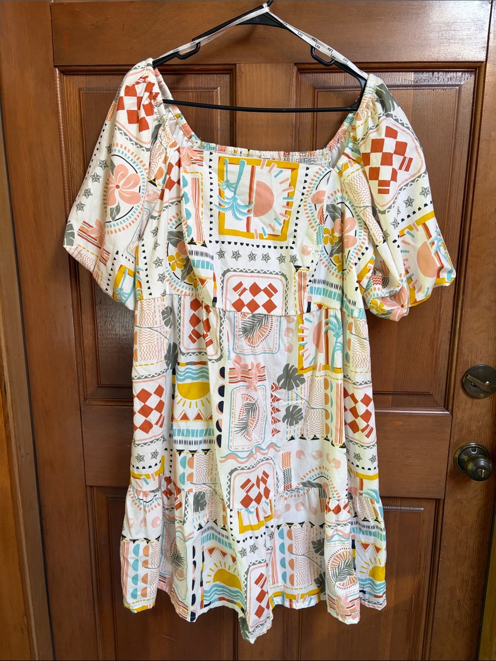 Lea Boho Patchwork Floral Short Dress in Cream and Coral Size 1X
